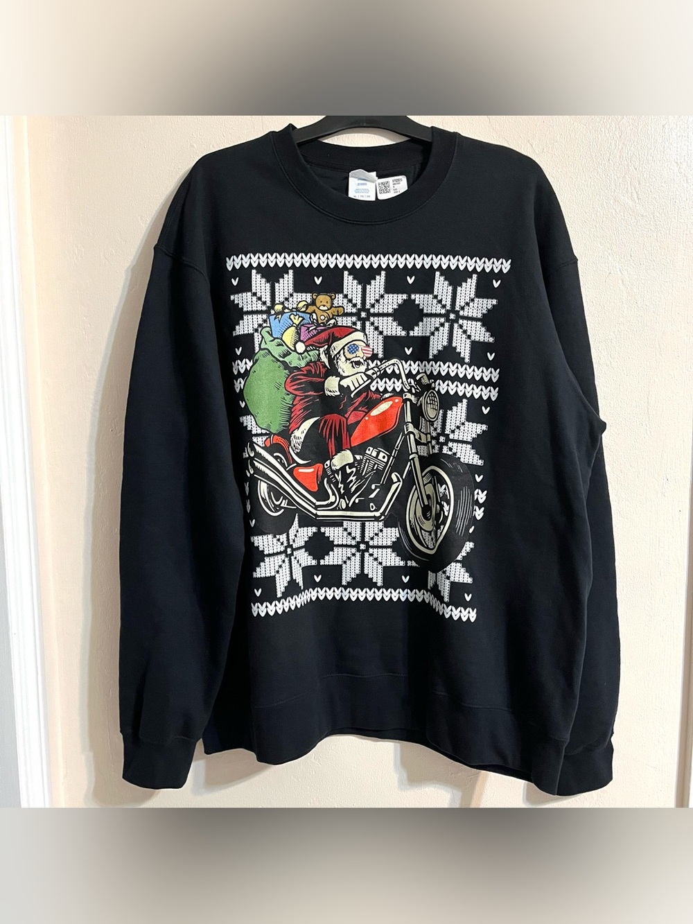 Biker Santa Claus Ugly Christmas Sweatshirt Crewneck Black XL Port & Company